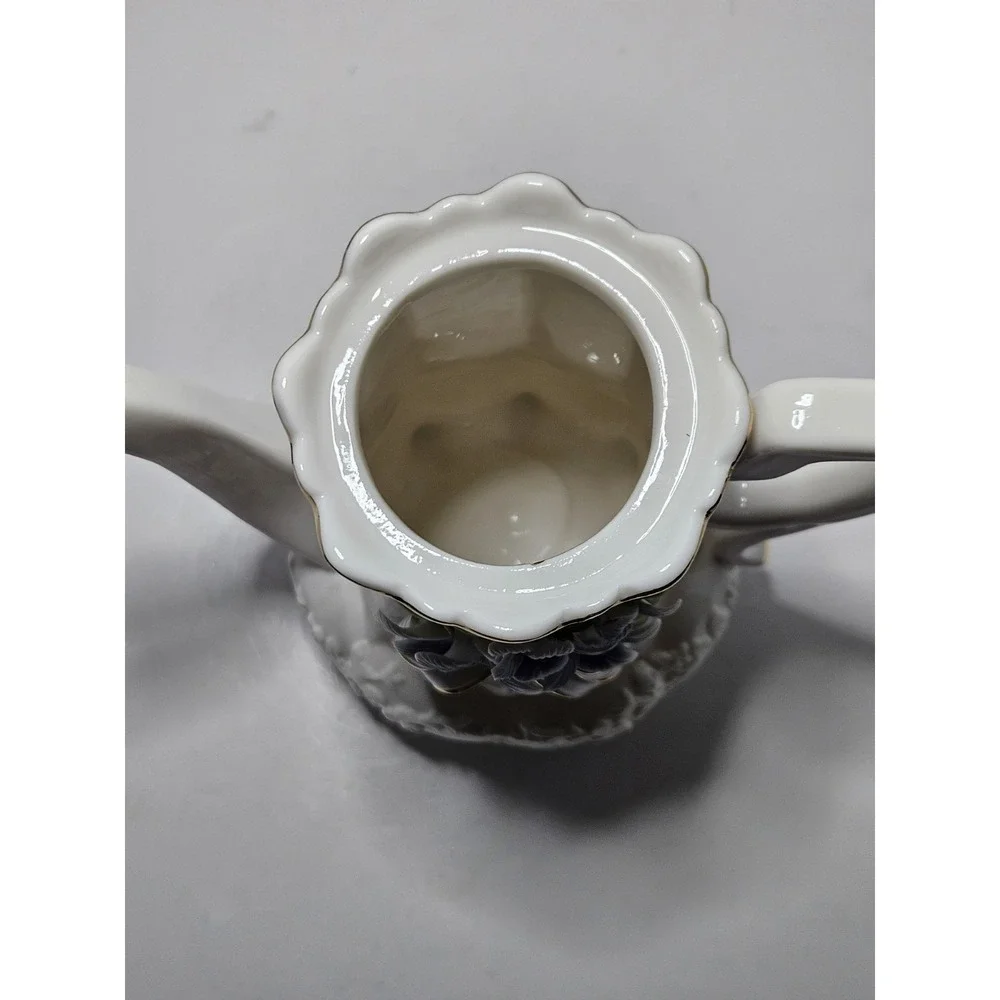 Porcelain Teapot 3D Applied Purple Violet Flowers White Gold Trim Footed Vintage